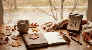 Image of a book and cup on a table with a calendar showing 21