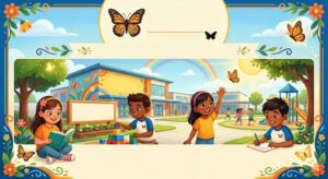 A vibrant, colorful illustration of a modern elementary school building under a sunny sky with a rainbow. Diverse children are engaged in learning and play: one girl reads a book, two boys play with blocks and write, and children play on a playground in the background. Monarch butterflies and floral borders frame the scene, which includes blank banners for custom text.