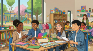 A vibrant cartoon illustration of a diverse group of elementary school students working together at a large wooden desk in a bright, modern classroom. In the background, a teacher assists other students, and a playground is visible through large windows.