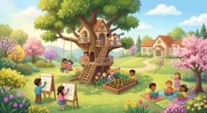 A bright, colorful illustration of an elementary school yard in spring. Diverse children are engaged in outdoor activities: some are reading on blankets, two are painting at easels, others are tending to a small garden, and a few are playing in a large, whimsical treehouse. The scene is filled with blooming flowers, pink blossoming trees, and a sunny sky.