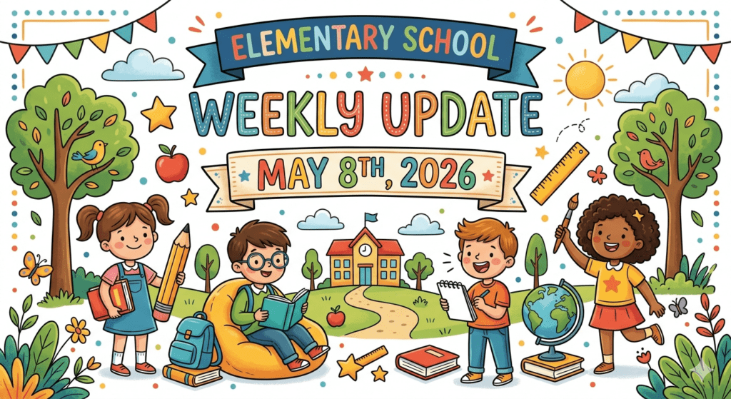 A vibrant, colorful clip art banner for an elementary school weekly update. The text reads 'Elementary School Weekly Update: May 8th, 2026.' The illustration features diverse cartoon students engaged in school activities: a girl holding a large pencil and book, a boy reading in a beanbag chair, a boy writing on a notepad, and a girl holding a paintbrush near a globe. The background includes a school building, green trees, a sun, and colorful bunting flags.