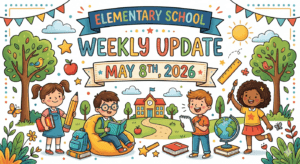 A vibrant, colorful clip art banner for an elementary school weekly update. The text reads 'Elementary School Weekly Update: May 8th, 2026.' The illustration features diverse cartoon students engaged in school activities: a girl holding a large pencil and book, a boy reading in a beanbag chair, a boy writing on a notepad, and a girl holding a paintbrush near a globe. The background includes a school building, green trees, a sun, and colorful bunting flags.