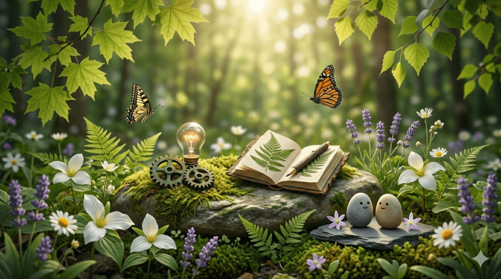 A whimsical, sunlit forest floor scene featuring symbolic objects: a glowing lightbulb with gears, an open notebook with fern prints, and two small stones with smiling faces sitting together among wildflowers and butterflies.