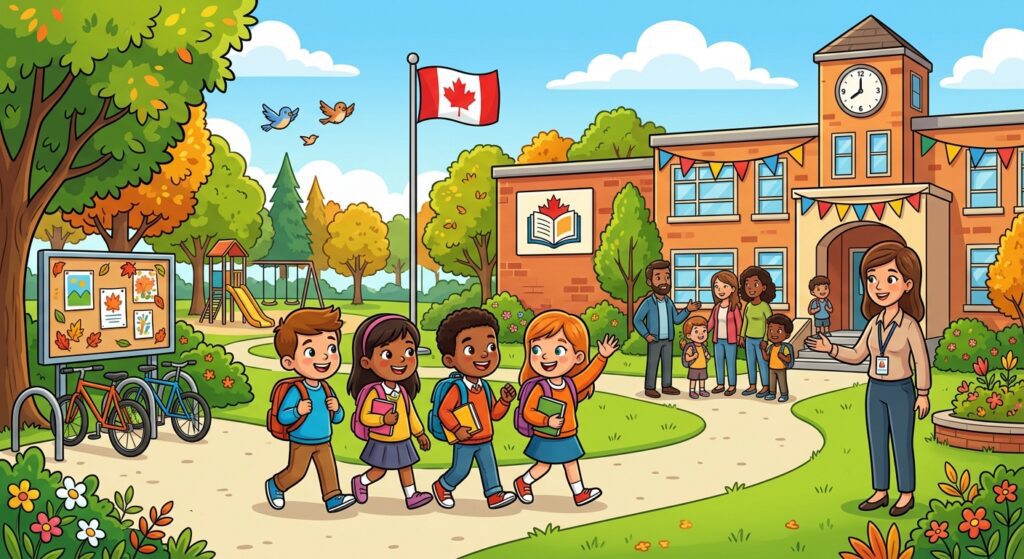 A colorful clipart illustration of an elementary school courtyard on a sunny early autumn day. In the foreground, four diverse young students wearing backpacks walk happily along a paved path, with two holding books. On the right, a smiling female teacher stands near the brick school building welcoming a group of parents and children gathered near the entrance. To the left, there is a bulletin board displaying autumn leaves and drawings, a bicycle rack, and a playground with a slide in the background. Colorful fall foliage and a flag on a pole frame the bright schoolyard under a clear blue sky.