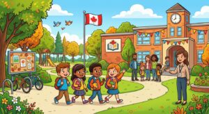 A colorful clipart illustration of an elementary school courtyard on a sunny early autumn day. In the foreground, four diverse young students wearing backpacks walk happily along a paved path, with two holding books. On the right, a smiling female teacher stands near the brick school building welcoming a group of parents and children gathered near the entrance. To the left, there is a bulletin board displaying autumn leaves and drawings, a bicycle rack, and a playground with a slide in the background. Colorful fall foliage and a flag on a pole frame the bright schoolyard under a clear blue sky.