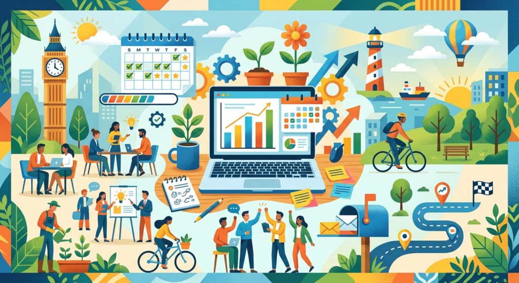 A colorful, flat-style vector illustration representing collaboration, productivity, and progress. It features a laptop displaying growth charts surrounded by calendars, coffee cups, people working together, plants, and a winding path toward a goal flag.