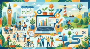 A colorful, flat-style vector illustration representing collaboration, productivity, and progress. It features a laptop displaying growth charts surrounded by calendars, coffee cups, people working together, plants, and a winding path toward a goal flag.