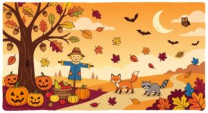 Clipart illustration of an autumn landscape featuring a cheerful scarecrow, carved pumpkins, falling leaves, a fox, a raccoon, bats, and a crescent moon.