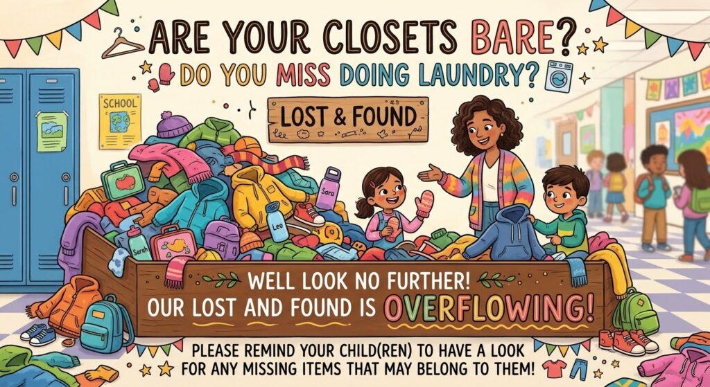 The image is a colorful illustration set in a school hallway, featuring a smiling teacher and two children standing around a massive wooden bin that is completely overflowing with winter clothes, backpacks, lunch boxes, and water bottles.   The image includes the following text:Top: "ARE YOUR CLOSETS BARE? DO YOU MISS DOING LAUNDRY?"   Center Sign: "LOST & FOUND"   On the Bin: "WELL LOOK NO FURTHER! OUR LOST AND FOUND IS OVERFLOWING!"   Bottom: "PLEASE REMIND YOUR CHILD(REN) TO HAVE A LOOK FOR ANY MISSING ITEMS THAT MAY BELONG TO THEM!" 