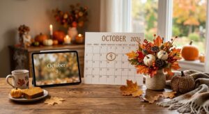 Cozy autumn desk setup featuring a tablet, calendar, pumpkin bread, coffee, small pumpkins, and colorful fall leaves on a wooden table.