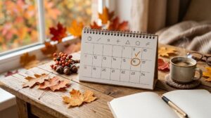 Cozy autumn desk setup featuring a desk calendar circled on the date October 16, surrounded by fall leaves, a warm cup of coffee, and an open notebook.